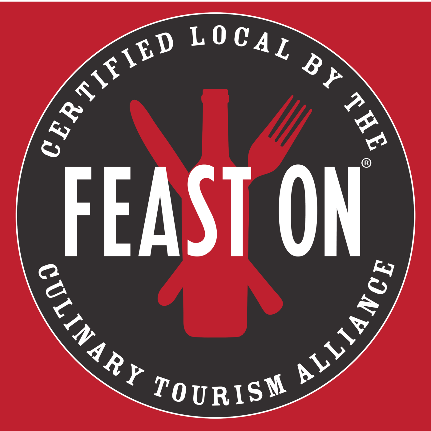 Strewn Winery logo with a wine bottle, fork, and knife, promoting local culinary tourism.