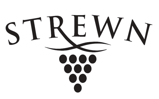Strewn Winery logo featuring a stylized grape cluster and elegant black text on a white background.